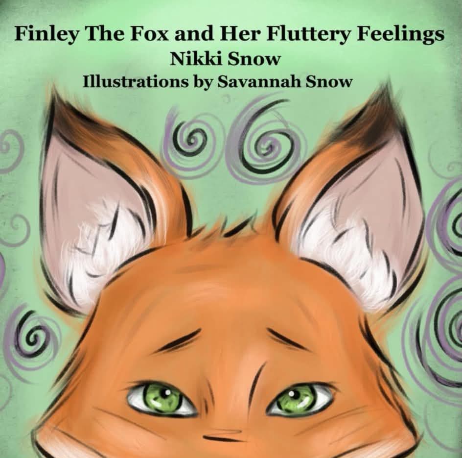 Book cover of Finley the Fox and Her Fluttery Feelings, showing a young fox peeking up against a soft green background with swirls.