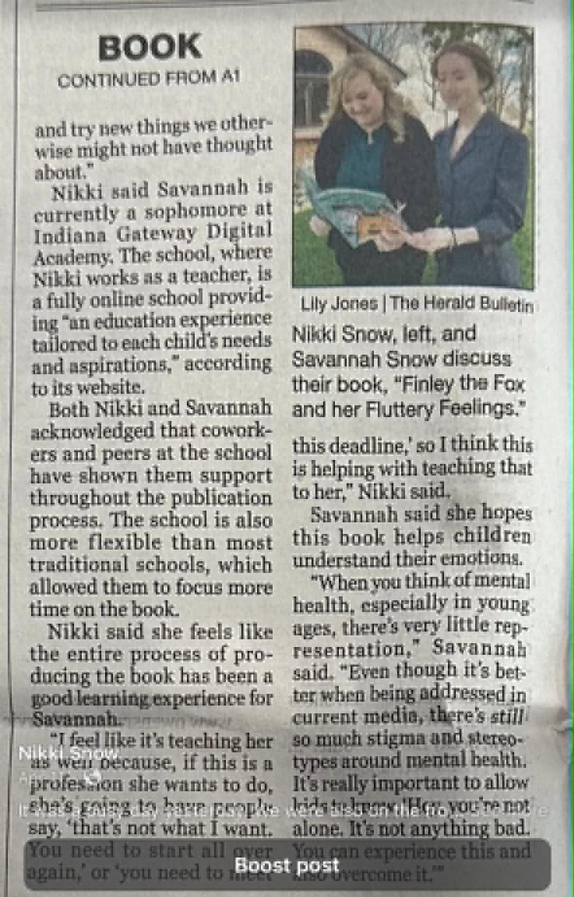 Anderson Herald-Bulletin feature photo of Nikki Snow with her books.