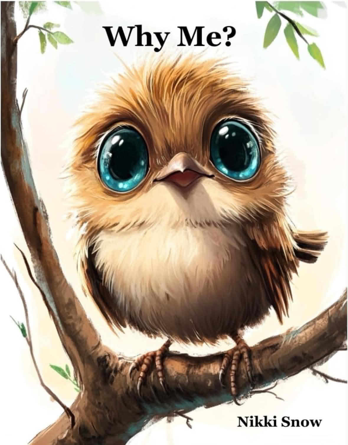 Book cover of Why Me? showing a fluffy young bird with large turquoise eyes perched on a branch.