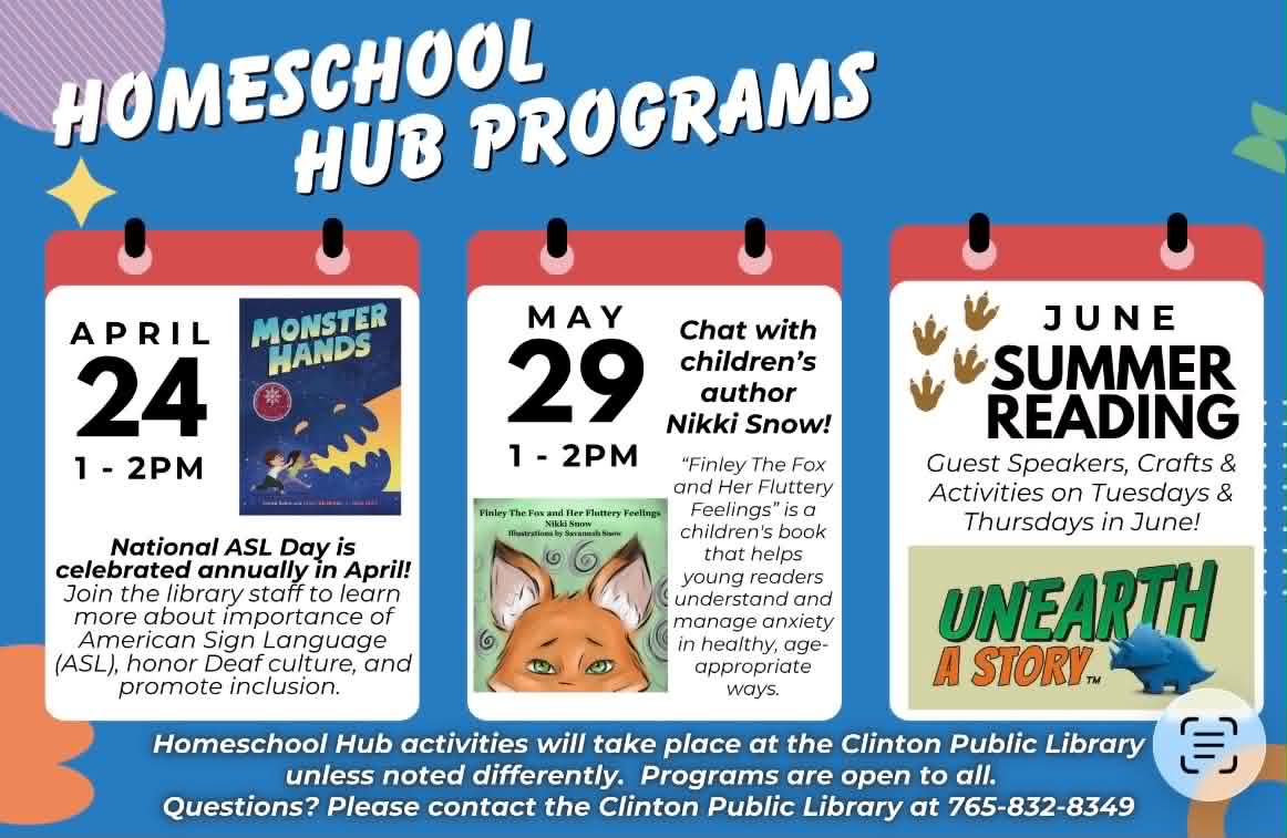 Homeschool Hub Programs flyer featuring a May 29 chat with children's author Nikki Snow.