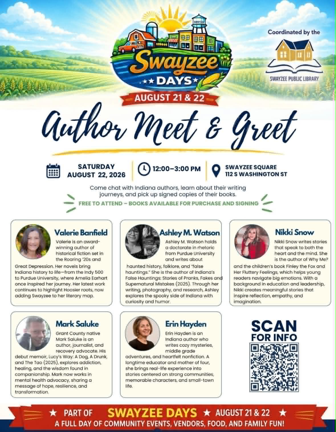 Flyer for the Swayzee Days Author Meet & Greet on August 22, 2026, featuring Nikki Snow among Indiana authors.